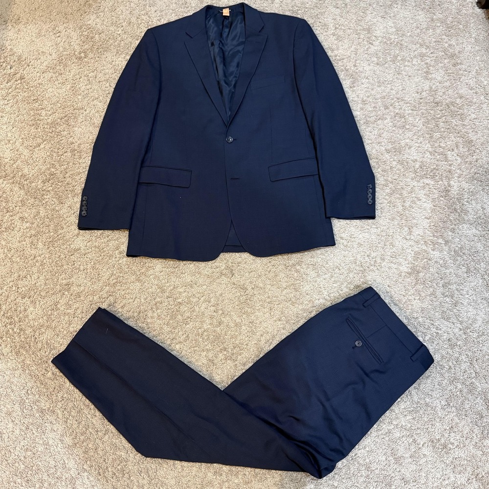 Pronto Uomo Platinum Suit Mens 42L 38W Navy Wool 2 Piece One Button Jacket Pants